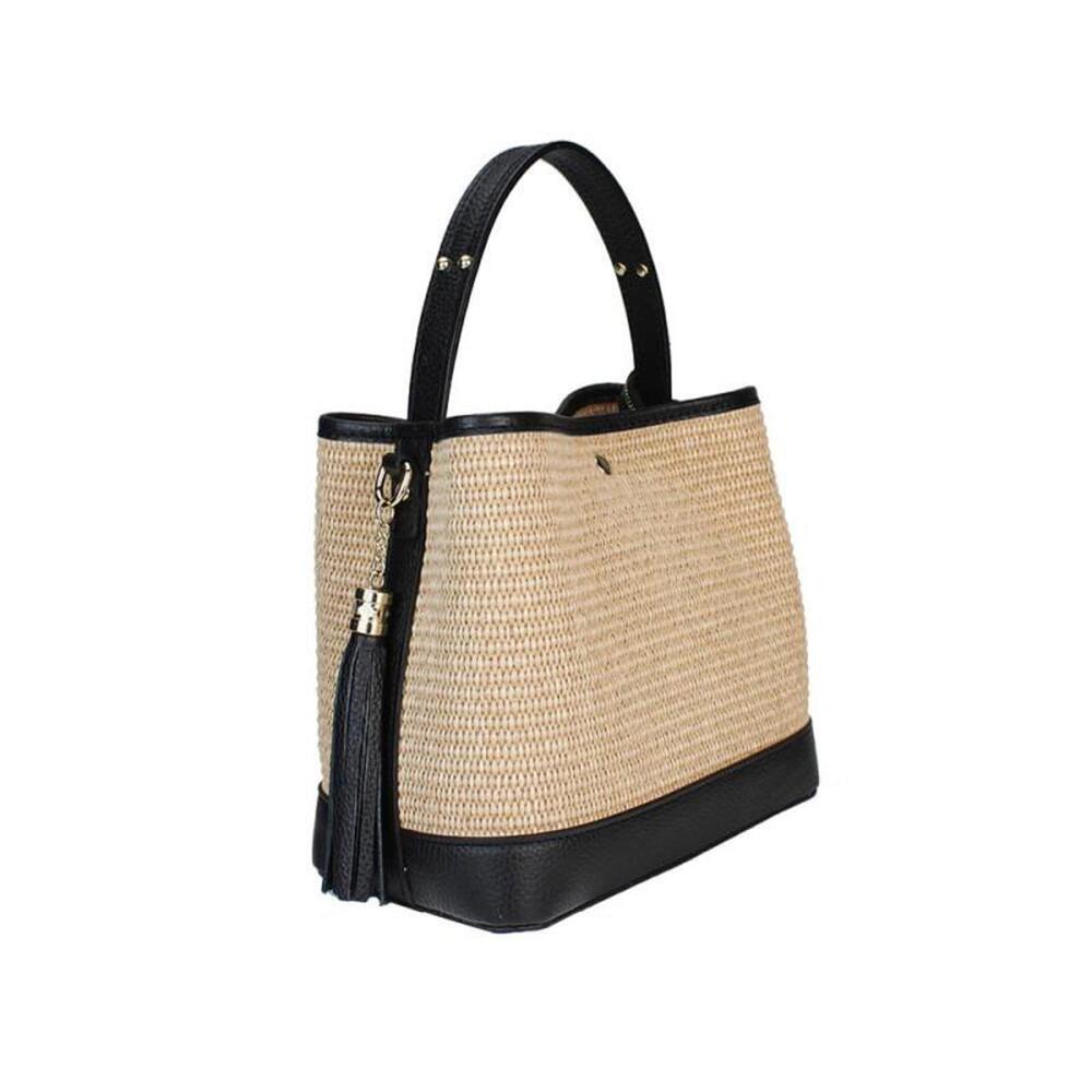 Stylish Woven Raffia and Italian Leather Tote Bag with Black Accents